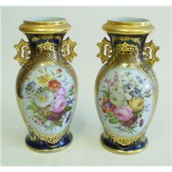 Pair cobalt blue hand painted urns