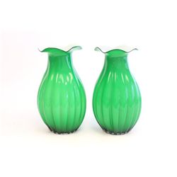 Pair antique emerald & glass vases