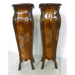 Pair French style burled wood marble top pedestals