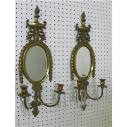 Pair Neoclassical brass mirrored wall sconces