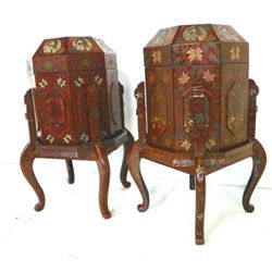Pair Chinese red lacquer jardinieres on stands