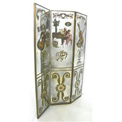 Three panel paint decorated mirrored screen