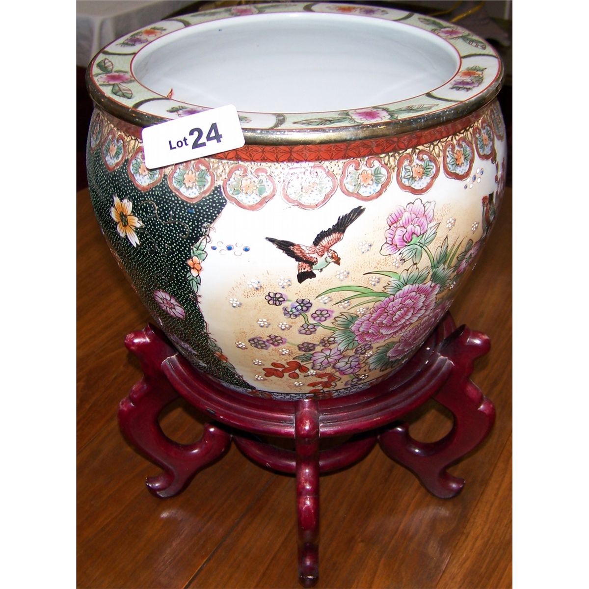 Intricate Hand Painted Chinese Koi Pot on Teak Stand.