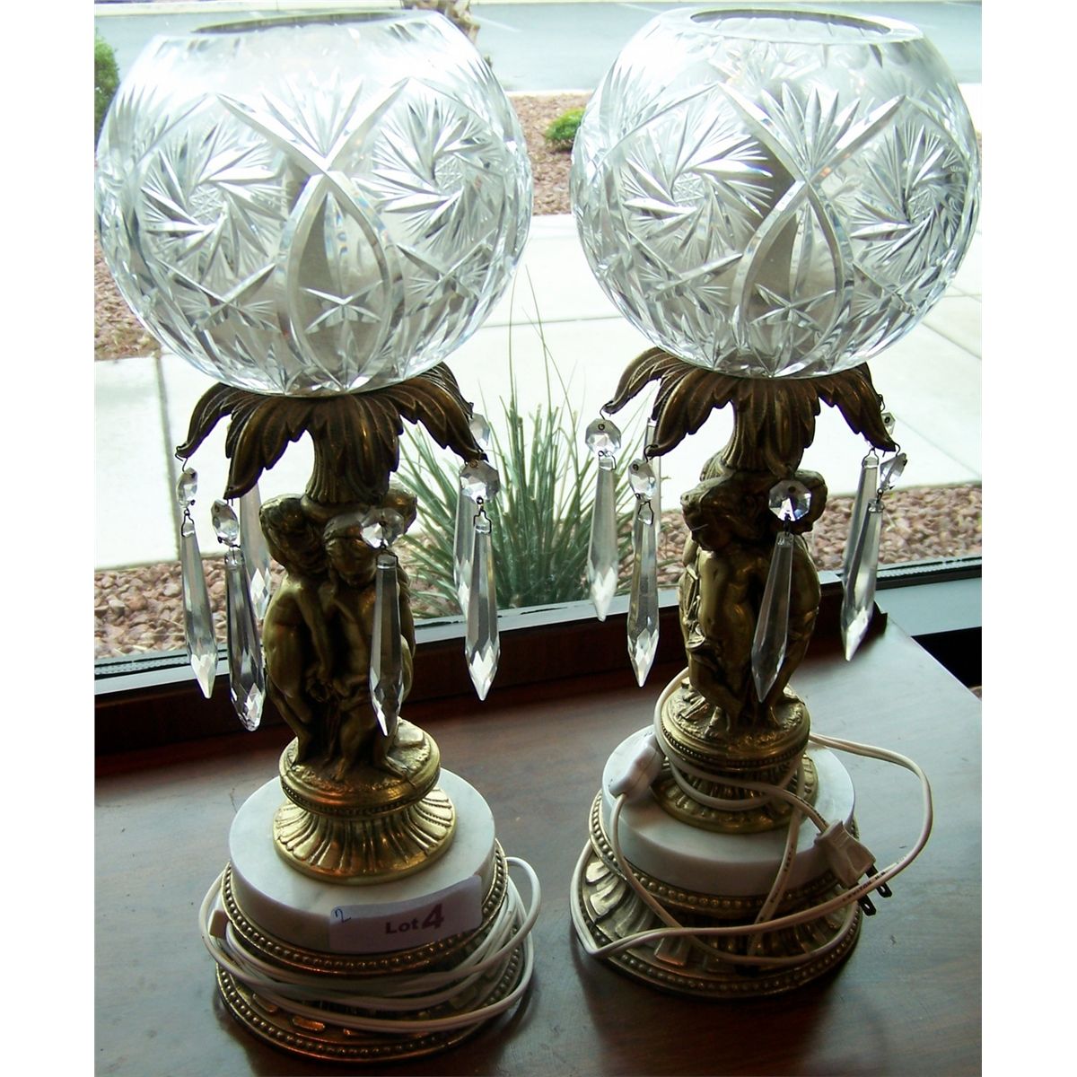 Pair of Ornate Crystal Gilt Cherub Lamps.