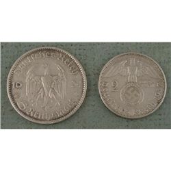 2 Hi-Grade German 1934 2,5 Mark Silver Coins w/Swastika