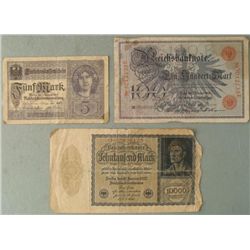 3 Old German Paper Money 5, 100 10000 Mark 1908-1922