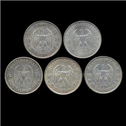 1934A/D/F/G/J Nazi Germany 5 Mark Hi Grade 5 Pcs (COI-8196)