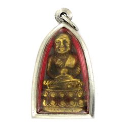 Vintage Thai Bronze Monk Amulet in Nickel Pendant Case (ANT-1233)