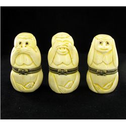 Chinese Handcarved Bone 3 Monkey Gem Box Set (CLB-858)