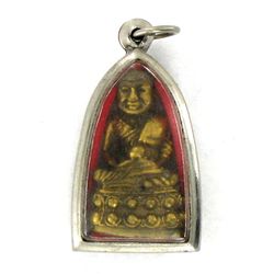 Vintage Thai Bronze Monk Amulet in Nickel Pendant Case (ANT-1209)