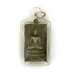 Antique Thai Silver Bronze Buddha Amulet in Plastic Pendant Case (ANT-1199)