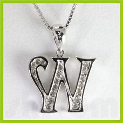 Genuine 0.14 ctw Alphabet Initial Letter W Diamond Necklace 16" 14kt Gold-White