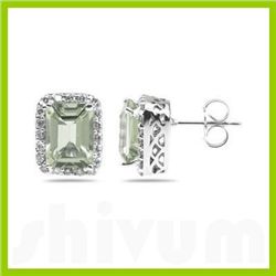 Genuine 3.75 ctw Green Amethyst & Diamond Earrings 14kt Gold-White