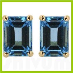 Genuine 3.80 ctw BlueTopaz  Emerald Cut  Earrings 14kt Gold-Yellow