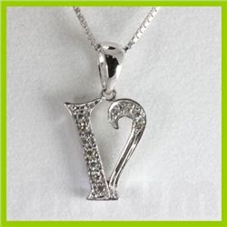 Genuine 0.06 ctw Alphabet Initial Letter V Diamond Necklace 16" 14kt Gold-White