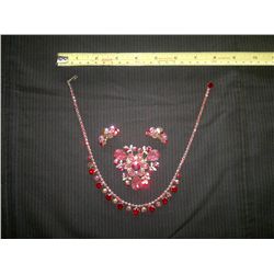 Vintage Costume Jewelry Pink and Red Brooch, Earrings, Necklace