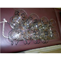 Vintage Drinking Glasses Black and Gold Geometric Pattern includes the original tray