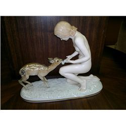 HUTSCHENREUTHER "Good Friends" Nude w/Fawn c 1920