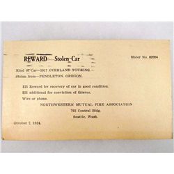1924 $50.00 REWARD POSTCARD FOR A STOLEN CAR FROM PENDLETON, OREGON