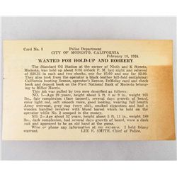 1924 WANTED POSTCARD - HOLD-UP AND ROBBERY OF THE STANDARD OIL STATION