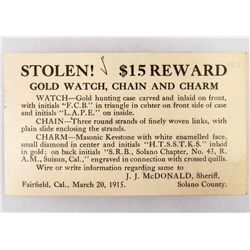 1915 $15.00 REWARD POSTCARD FOR STOLEN JEWELRY