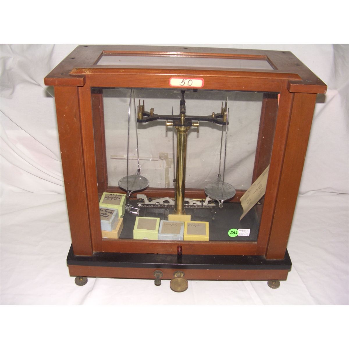 vintage gold balance scale (cased) with several boxes of weights