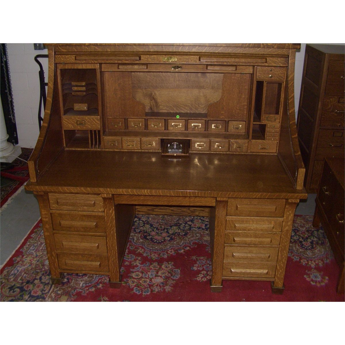 Amazing American Oak Arts Crafts Double Roll Top Desk Solid