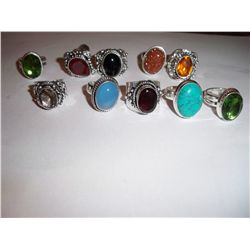 10 Pcs Sterling Silver Rings w/Gemstones &Crystals, Approx.100 Grams
