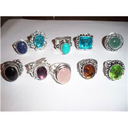 10 Pcs Sterling Silver Rings w/Gemstones &Crystals, Approx.100 Grams