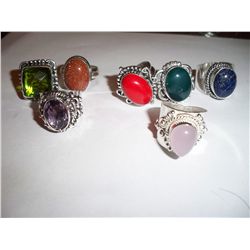 7 Pcs Sterling Silver Rings w/Gemstones &Crystals, Approx.100 Grams