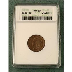 1862 Graded AU55 Indian Head Penny Coin