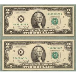 2 CU 1975 $2 Bills Notes F & G Mint Atlanta, Chicago