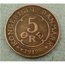 1912 Denmark Five Ore Coin
