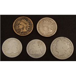 5 Diff 1800s US Type Coins Penny, Nickel, Dime