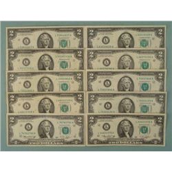 10 1976 $2 Dollar Bills Notes Mint Mark L San Francisco