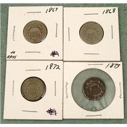 4 Diff Date Shield Nickels 1867, 1868, 1872, 1873 -Nice