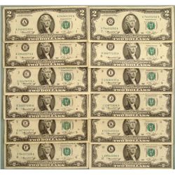 Complete Set 12 All Mint Marks 1976 $2 Bills Notes UNC