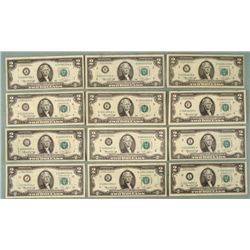 Complete Set 12 All Mint Marks 1976 $2 Bills Notes A-L