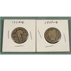 2 Silver Old Quarters 1928-D Standing, 1908-D Barber