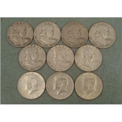 10 Mixed Dates Kennedy & Franklin Silver Half Dollars