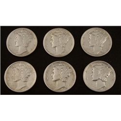 6 Hi-Grade Mercury Silver Dimes 1942, 1943, 1944, 1945