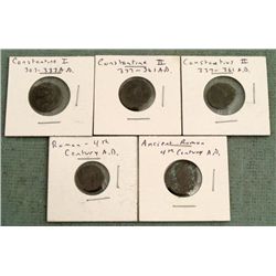 5 Ancient Roman Coins: Constantine I,II Constantius II