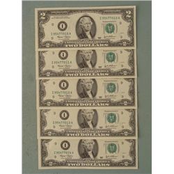 5 Consec # 2003 $2 Notes I Mint Minneapolis Bills CU