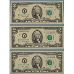 (3) 2003 $2 Bills Consecutive # Minnesota Notes UNC