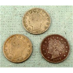 3 Diff Date V Nickels 1907, 1912, 1912-D -Nice Coins