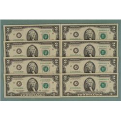 8 Consec # CU 2003 A $2 Bills Notes J Mint Kansas City