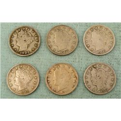 6 Hi-Grade V Nickels 1902, 1907, 1908, 1910, 1912, 12-D