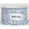 LARGE BLUE AND WHITE SPONGEWARE BUTTER CROCK.