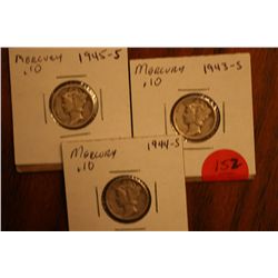 Lot Of 3 Mercury Dimes (1943-S,1944-S,1945-S)