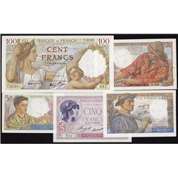 Banque of France, 1933-48 Quintet of Notes.